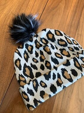 Kids Leopard Print Pom Pom Beanie - Beige Black with Pompom